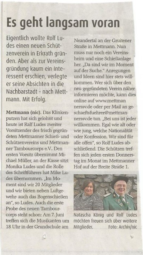 Zeitungsartikel zur Gründung des Mettmanner SSV